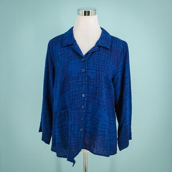 Habitat Size Small S Blue Plaid Print Collared Button Front Artsy Top Blouse - Picture 1 of 4